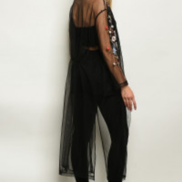 Kimono Cardigan Beach Black Sheer Floral Design - Picture 3 of 5